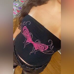 Black Tube Top with Pink Butterfly Design